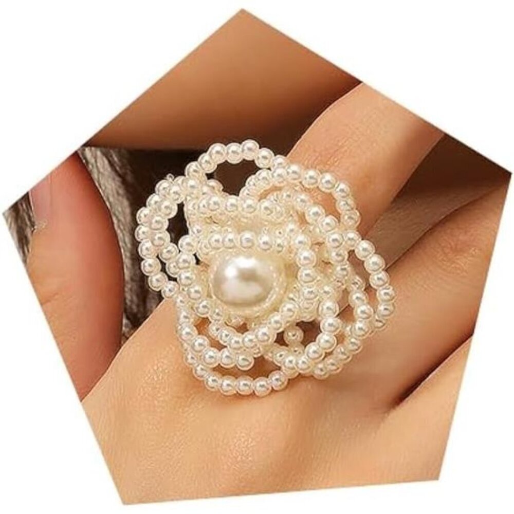 Handcrafted Pearl Rose Ring – Elegant Beaded Floral Design